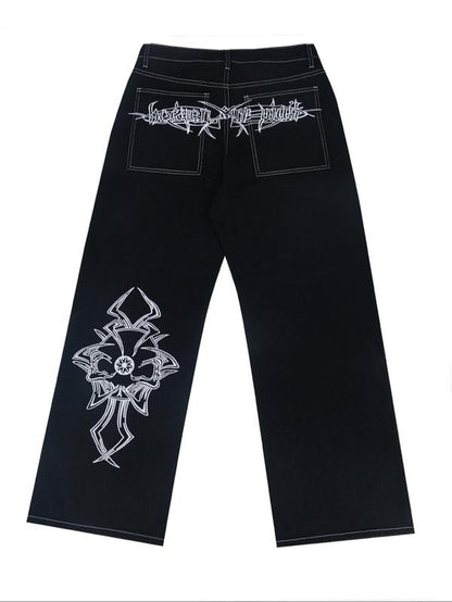 Street Style Loose Embroidered Jeans, Comfortable Denim Jeans for Casual Wear, Trendy Fashion for Men and Women