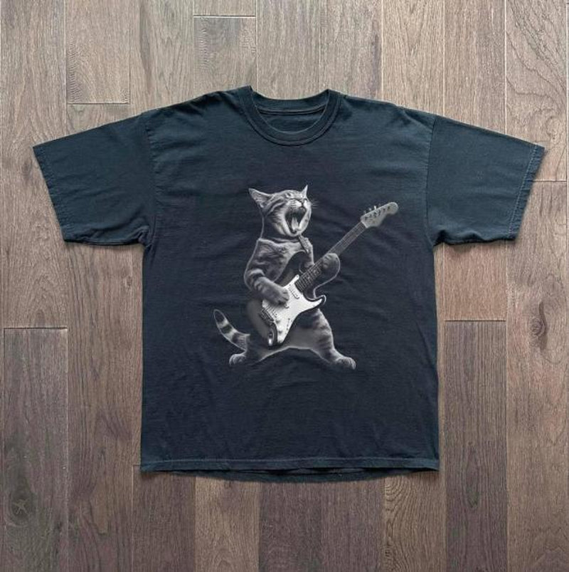 Rock Cat Playing Guitar T-Shirt, Funny Guitar Cat Tee, Unisex Graphic Tees Gothic Grunge Y2K Emo Scene Amity Affliction Style Clothes Men Women Streetwear