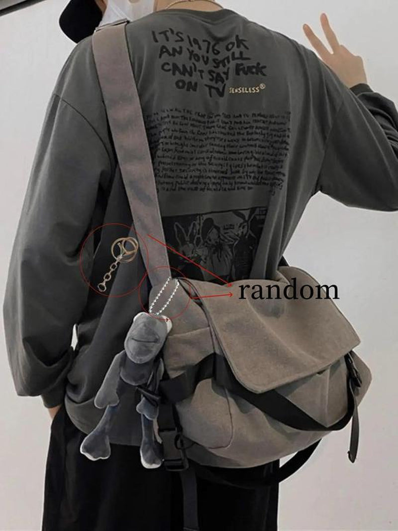 Men'S Plain Canvas Crossbody Bag, Solid Color Trendy Versatile Crossbody Bag with Cartoon Charm, Large Capacity Daily Commuting Shoulder Bag for Work & School