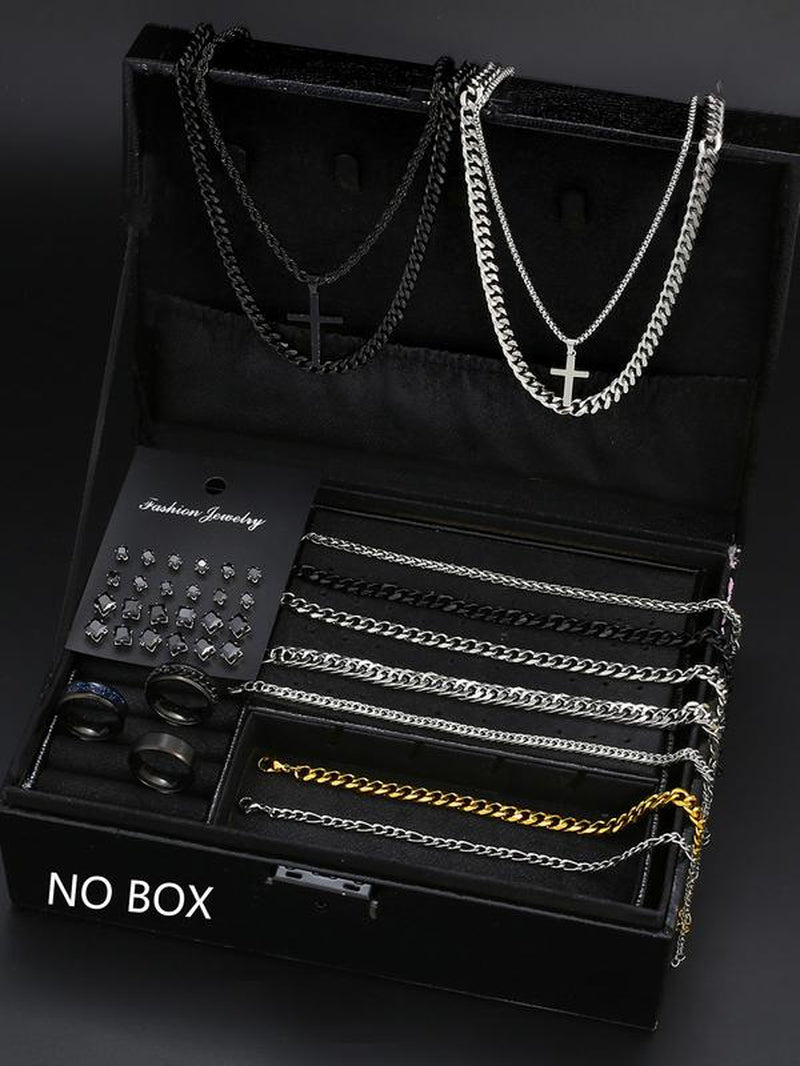 38-Piece Stainless Steel Jewelry Set for Men & Women, Casual Style with Artificial Zircon Earrings Necklaces Bracelets Accessories