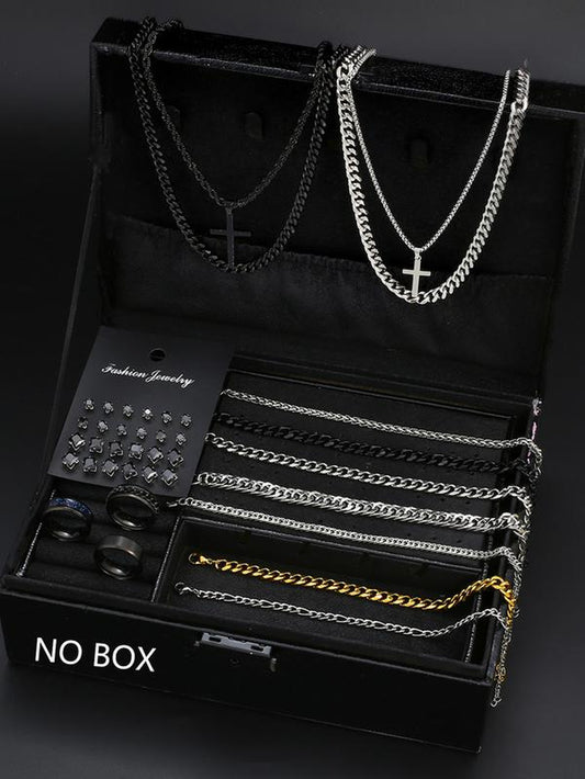 38-Piece Stainless Steel Jewelry Set for Men & Women, Casual Style with Artificial Zircon Earrings Necklaces Bracelets Accessories