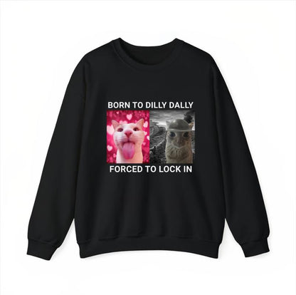 Born to Dilly Dally Forced to Lock in T-Shirt Popular Meme Funny Cat Shirt Cute Graphic Tee Cotton Shortsleeve