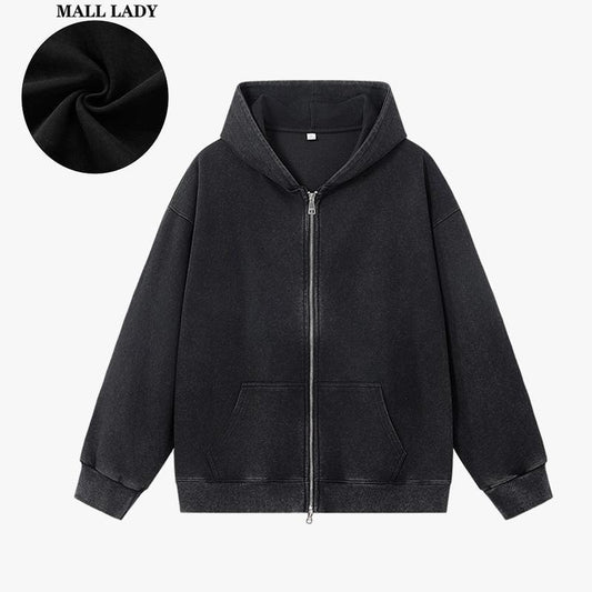 Mall Lady Vintage Y2K Unisex Hoodie Men'S Casual Cotton Blend Full Zip Long Sleeve Sweatshirt Pullover Sports Hooded Jacket Oversized with Pockets Free Rhinestone Denim Menswear
