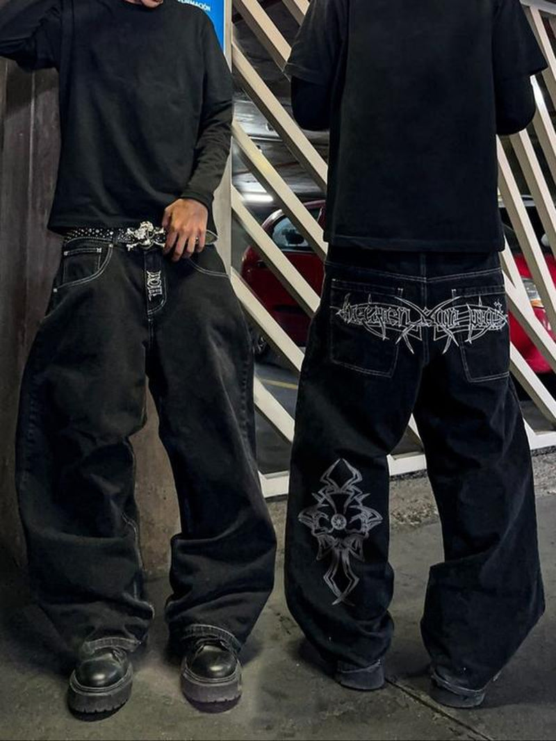 Street Style Loose Embroidered Jeans, Comfortable Denim Jeans for Casual Wear, Trendy Fashion for Men and Women