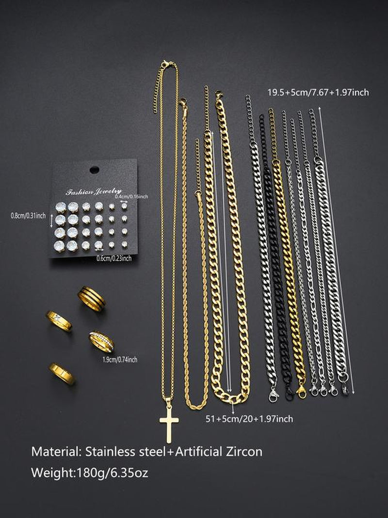38-Piece Stainless Steel Jewelry Set for Men & Women, Casual Style with Artificial Zircon Earrings Necklaces Bracelets Accessories