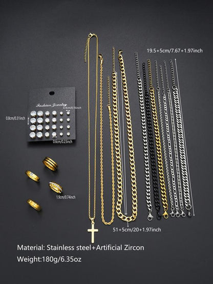 38-Piece Stainless Steel Jewelry Set for Men & Women, Casual Style with Artificial Zircon Earrings Necklaces Bracelets Accessories