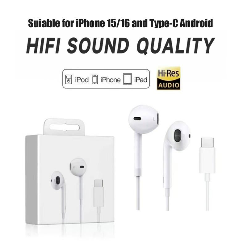USB-C Headphones with Mic & Volume Control – Hifi Stereo Earbuds for Iphone 17/17 Pro/16/15, Samsung S25/S24/S23, Pixel 10/9, Oneplus & USB-C Phones