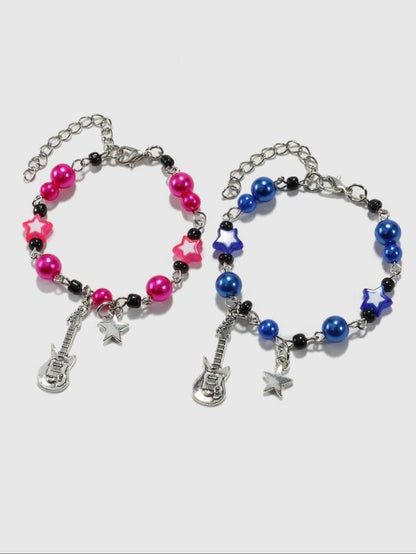 Unisex Cute Guitar & Star Charm Matching Bracelets, Friendship Couple Y2K Colorful Beaded Bracelets for Women Men, Bracelet Kit Summer Jewelry Gift
