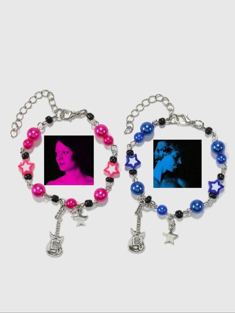 Unisex Cute Guitar & Star Charm Matching Bracelets, Friendship Couple Y2K Colorful Beaded Bracelets for Women Men, Bracelet Kit Summer Jewelry Gift