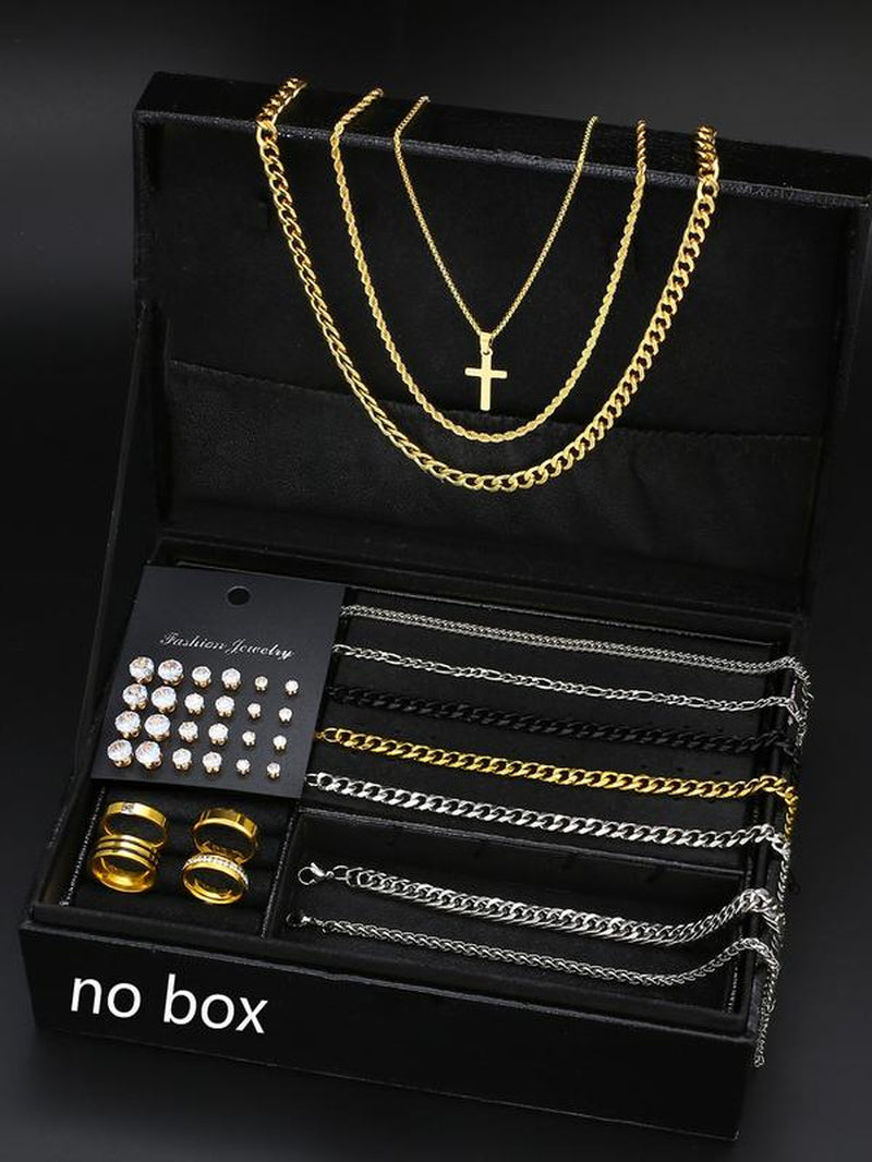 38-Piece Stainless Steel Jewelry Set for Men & Women, Casual Style with Artificial Zircon Earrings Necklaces Bracelets Accessories