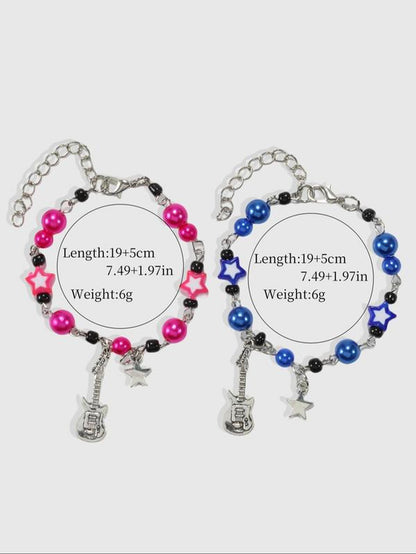 Unisex Cute Guitar & Star Charm Matching Bracelets, Friendship Couple Y2K Colorful Beaded Bracelets for Women Men, Bracelet Kit Summer Jewelry Gift