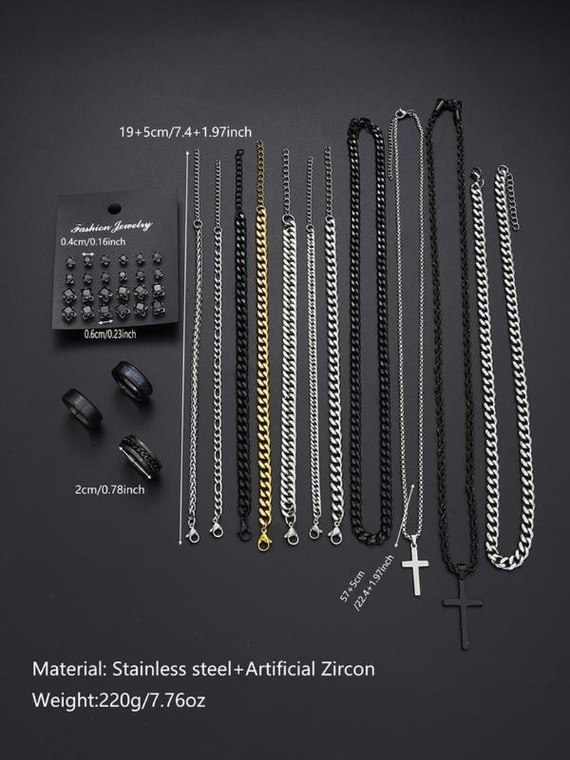 38-Piece Stainless Steel Jewelry Set for Men & Women, Casual Style with Artificial Zircon Earrings Necklaces Bracelets Accessories