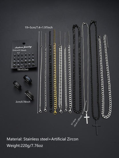 38-Piece Stainless Steel Jewelry Set for Men & Women, Casual Style with Artificial Zircon Earrings Necklaces Bracelets Accessories