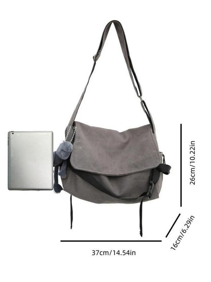 Men'S Plain Canvas Crossbody Bag, Solid Color Trendy Versatile Crossbody Bag with Cartoon Charm, Large Capacity Daily Commuting Shoulder Bag for Work & School